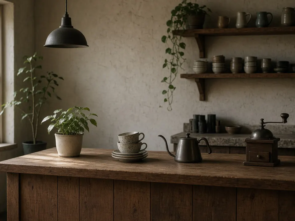 A quiet café counter with wooden surfaces and coffee equipment in natural window light
