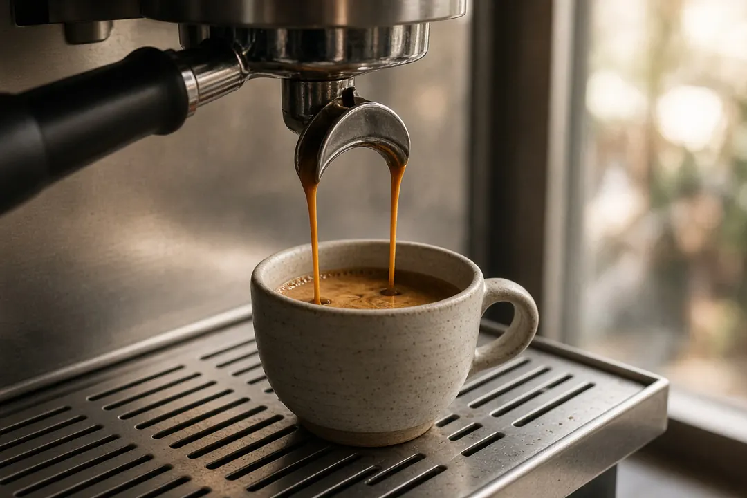 Espresso pouring from a portafilter into a small cup on a café espresso machine