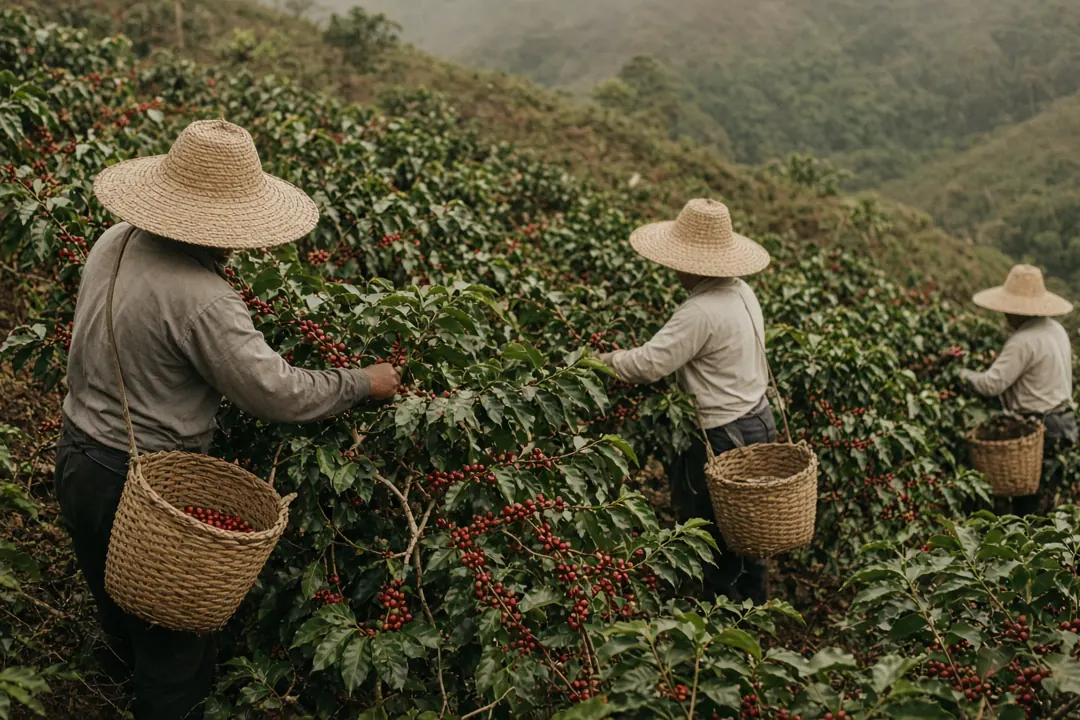 Farmworkers in wide-brimmed hats picking ripe coffee cherries by hand, seen from behind among the coffee shrubs