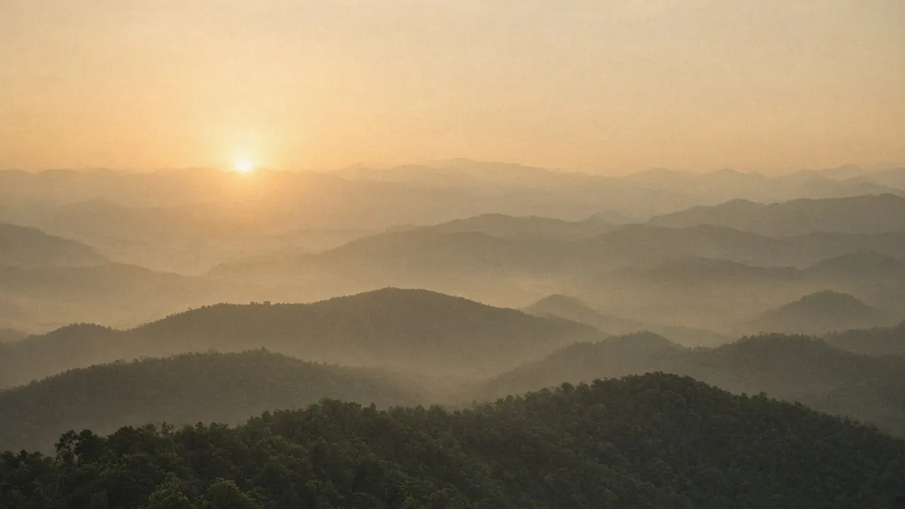 Forested hills of northern Thailand layered in morning mist at golden hour