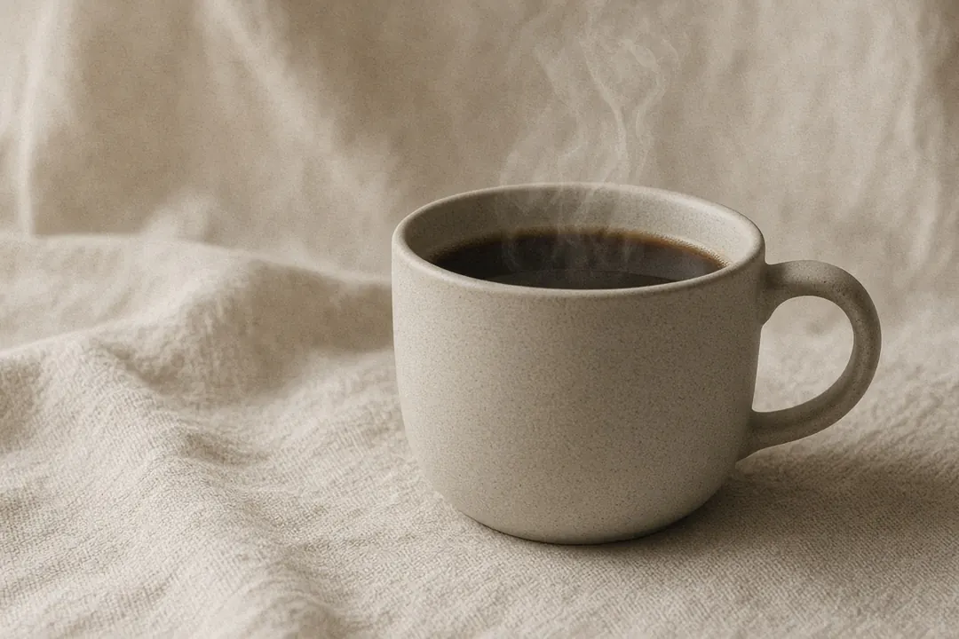 A steaming cup of hot coffee on a warm linen cloth in soft daylight