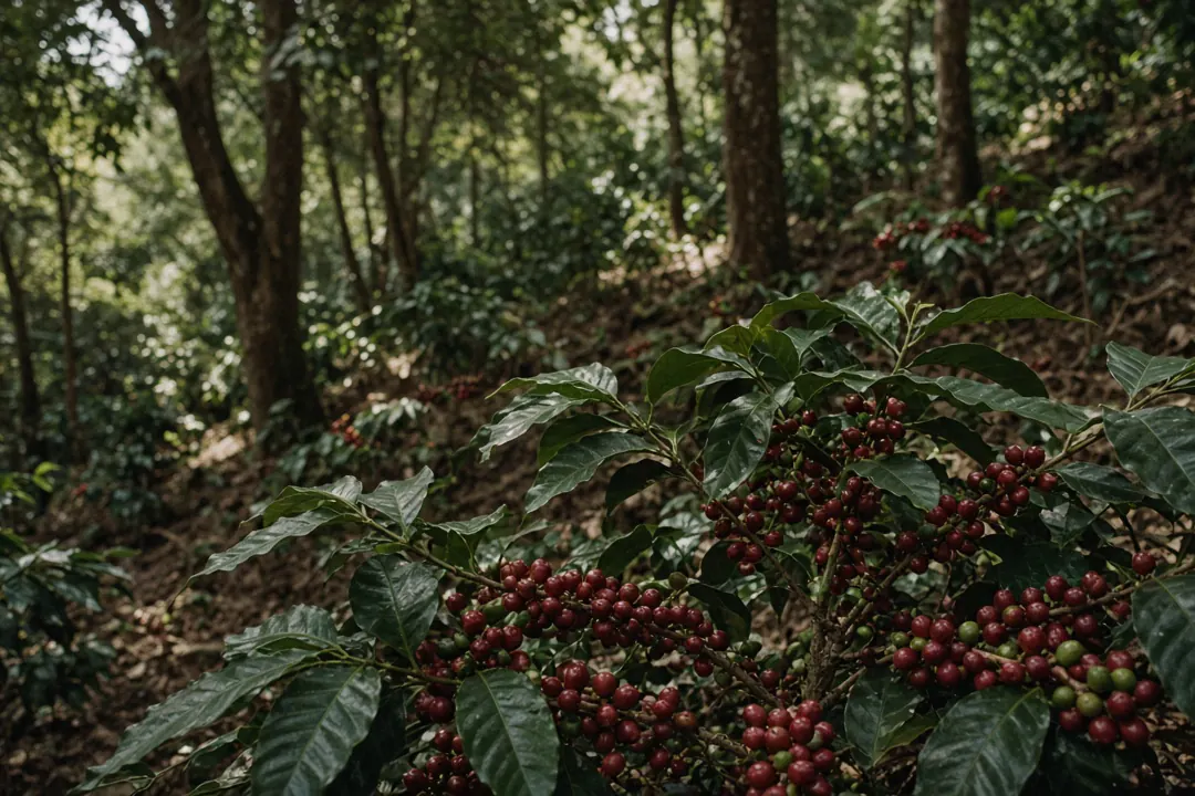Shade-grown arabica coffee shrubs with ripe red cherries on a hillside under tall trees